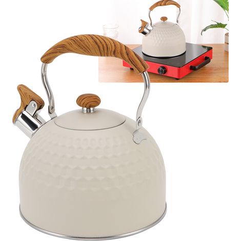 Bouilloire à sifflet blanc cassé de 2,5 L, fond plat, grande capacité, compatible avec les plaques à induction (1/5)