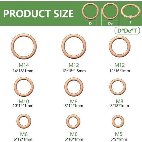 200 Rondelles Plates en Cuivre pour Vis M5 M6 M8 M10 M12 M14 – Joints d’Étanchéité Métalliques avec Boîte de Tri (1/5)