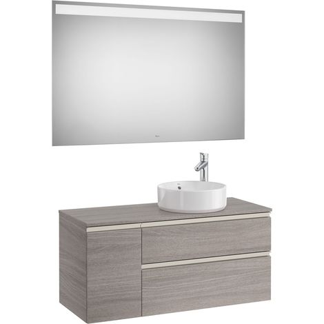Pack meuble "The gap" 1100 pour vasque à droite - 2 tiroirs + 1 porte + plan + miroir LED - city oak/poignées nickel mat - Roca (1/2)