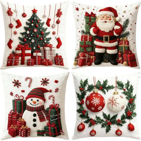 Lot de 4 Housses de Coussin de Noël 45 x 45 cm, Taies de Noël en Lin avec Fermeture Invisible, Déco de Fête pour Canapé Chambre, Rouge (1/5)