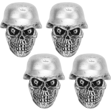 Ensemble de 4 pièces pour casque avec motif tête de mort et bouchons de valve de pneu, munis d'anneaux en caoutchouc. Modèle universel, compatible avec voitures, vélos, SUV, camions et motos. Argenté. (1/5)