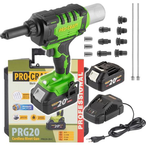 Pistola per rivetti ciechi a batteria Procraft PRG20 20 V 10 kN 2,4 - 6 mm Brushless + 2x batteria 4,0 Ah + caricabatterie + valigetta (1/5)
