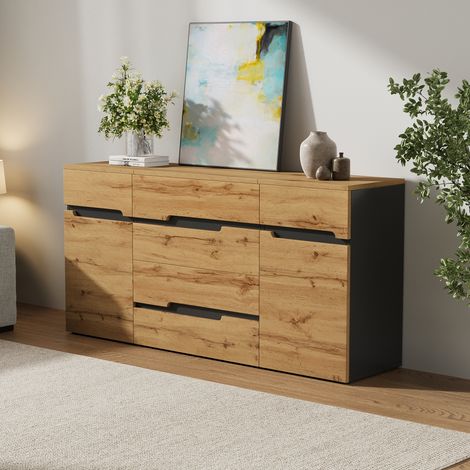 Aparador modular 2 puertas 4 cajones madera 160 x 40 x 80 cm negro y color natural (1/5)
