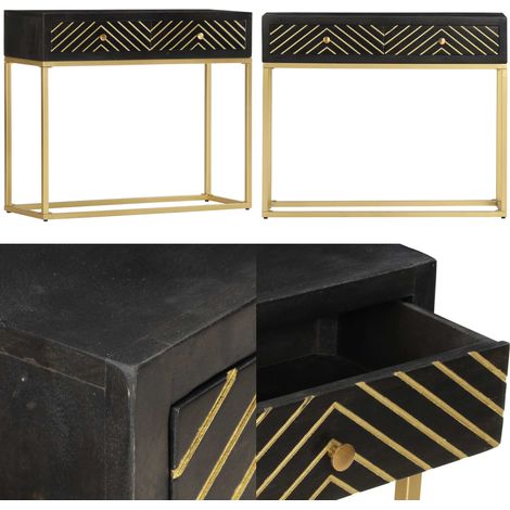 Mesa consola madera maciza de mango negro y dorado 90x30x75cm - Madera de mango - Mesa de madera