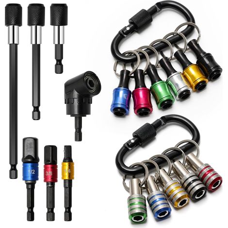 11 porte-embouts porte-clés de 6,35 mm, 3 porte-embouts de tournevis à tige hexagonale, 3 porte-embouts à dégagement rapide, 1 accessoire de perceuse à angle droit (18 pièces)