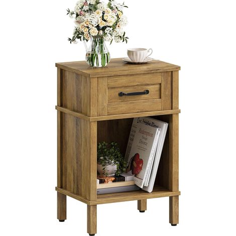 LET512DR Bedside Table with Drawer and Open Compartment Wooden Side Table for Bedroom Living Room Rustic Brown (1/5)