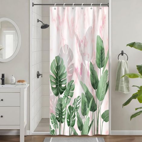 Rideau Douche Anti Moisissure, Rideau de Douche Petit 90x180cm Tropical Feuilles de Palmier Vert Marbre Rose Rideaux de Baignoire Tissu Lavable Imperméable Rideaux de Bain avec 6 Crochets - 90L X 180H (1/5)