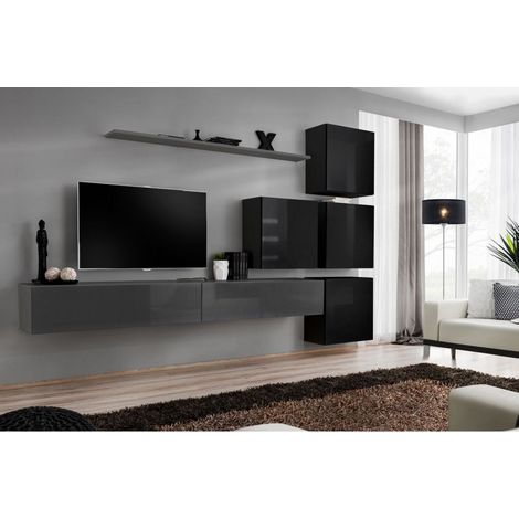Ensemble mural - Switch IX - 4 vitrines carrées - 2 bancs TV - 1 étagère - Noir et graphite - Modèle 1 - Livraison gratuite