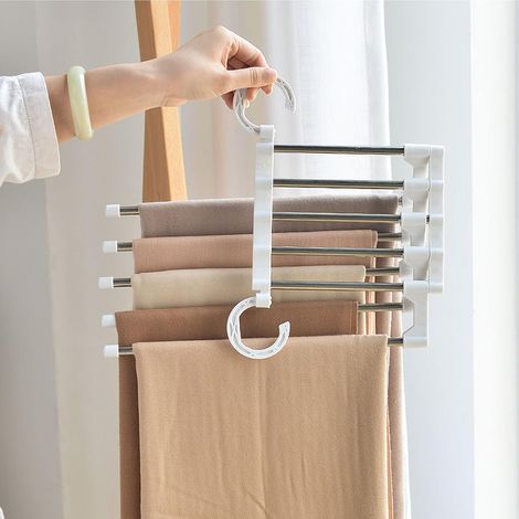 Set di 3 grucce per pantaloni, salvaspazio, antiscivolo, pieghevoli, in acciaio inossidabile, ideali per pantaloni, reggiseni, gonne, sciarpe e cravatte. (1/5)