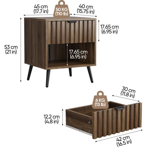 Table de chevet moderne avec tiroir, en bois de noyer, 45 x 40 x 53 cm, pour chambre, couloir, salon ou chambre d’enfant (1/4)