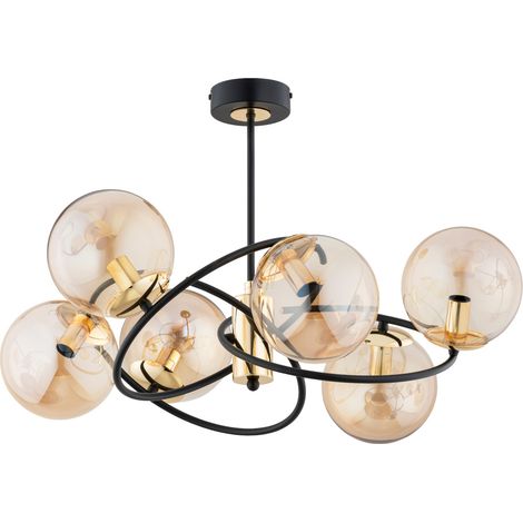 Moderne Deckenleuchte in Schwarz und Gold mit bernsteinfarbenen Glaskugeln für Wohnzimmer oder Flur, 6xE14 10W Wiromat Alfa (1/2)