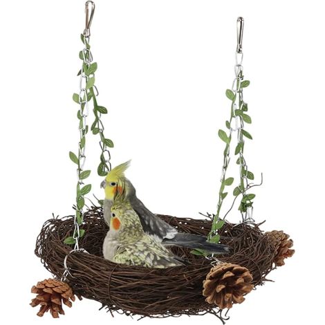 Natural Rattan Nest Small Medium Large Bird Swing for Parrot Parakeet Cockatiel Conure Cockatoo Macaw Amazon African Grey Lovebird Finch Canary Budgie Cage Perch Toy (Large) (1/5)