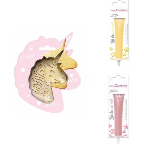 Kit pour biscuit en relief Licorne + 2 Stylos au chocolat jaune pastel et rose pastel