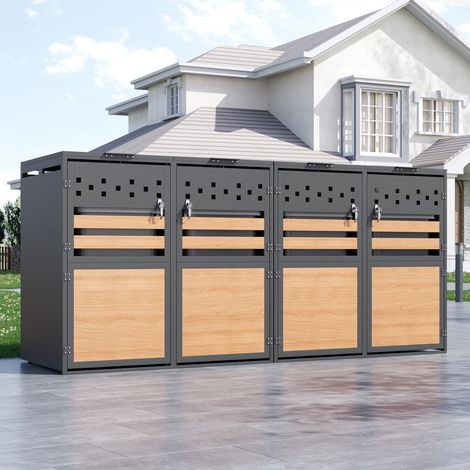 Mülltonnenbox 4 Fächer mit Klappdeckel abschließbar, Mülltonnenverkleidung aus verzinktem Stahl in Holzoptik Grau für Garten Hof Außenbereich
