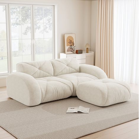 Sofá modular de 2 plazas con puff, espuma 32D, chenilla, blanco, REDOM (1/5)