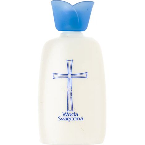Bottiglia per l'acqua santa, piccola, in plastica, bianca e blu, 10,5 cm