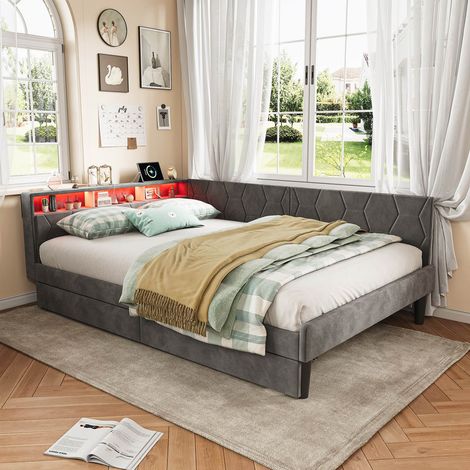 Lit Coffre 140×200cm avec LED et Ports USB,Lit Capitonnée avec 2 Tiroirs,Tete de lit avec Rangement,Lit 2 Personnes avec sommier à Lattes,pour Adultes et Adolescents,en Velours Gris (1/5)