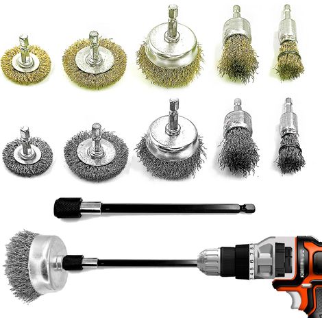 Lot de 10 brosses métalliques pour perceuse abrasive avec tige hexagonale de 6,35 mm, tige d'extension pour plus de sécurité, embout de ponçage à sertir revêtu de laiton, brosse (1/5)