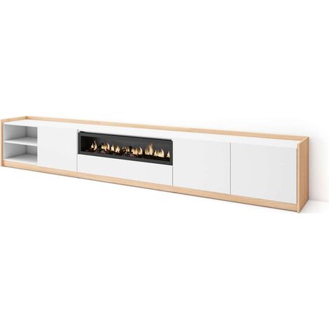 Mueble TV Lagos-02 de 310x50x37 cm con chimenea eléctrica, color blanco y roble soft (1/4)