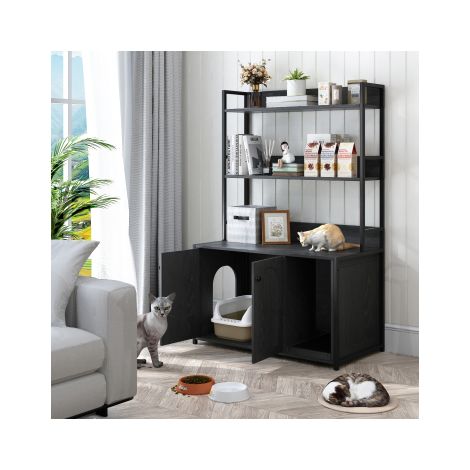 Grand bac à litière pour chat avec étagère de rangement, meuble de toilette dissimulé pour chat, maison pour chat en bois avec griffoir, meuble robuste pour animaux de compagnie à 2 portes pour contrô