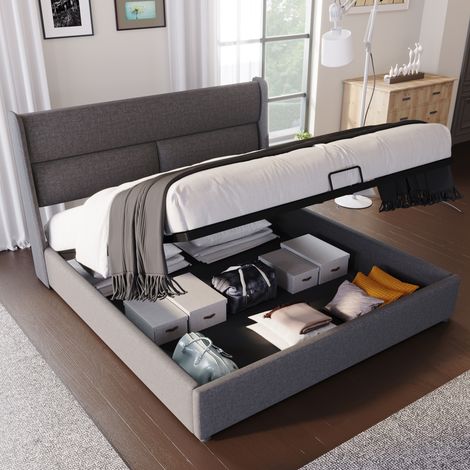 Cama canapé tapizada moderna 140x200 cm en lino gris con cabecero wingback ajustable y somier de láminas (1/5)