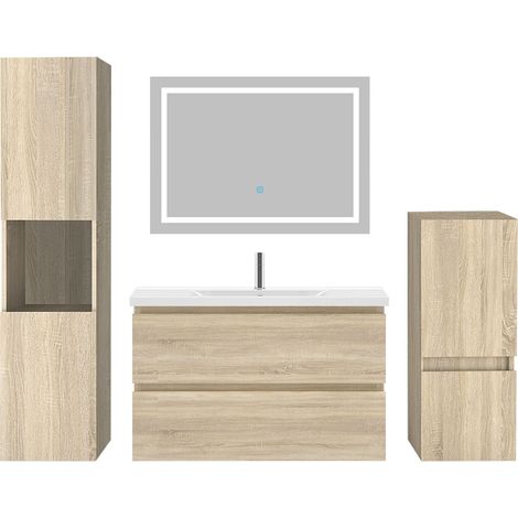 Ocean Ensemble meubles Salle De Bain 80cm vasque + colonnex2 + miroir LED Chêne Wotan 5pcs