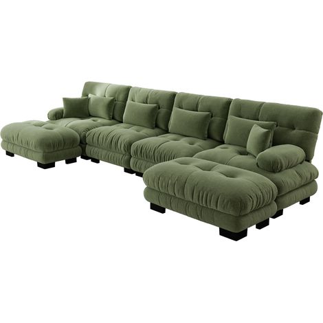Divano modulare angolare a U in ciniglia verde con pouf mobile, 4 posti, Modenuit (1/5)