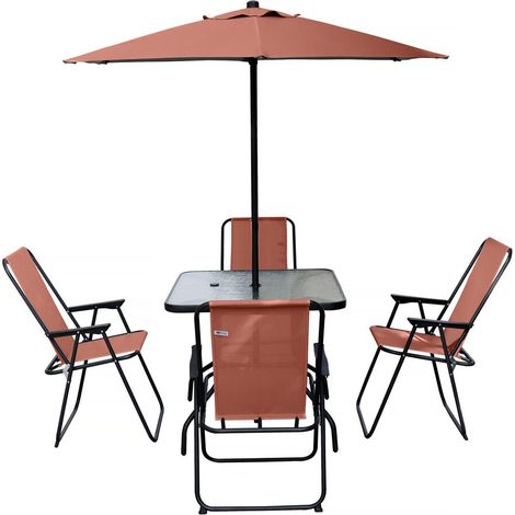 Mesa y sillas de jardín de metal "Convivia" con parasol - 4 plazas - Terracota