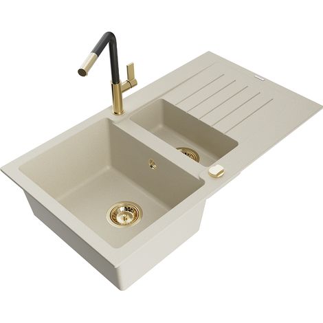 Mexen Matias évier en granit 1,5 bac avec égouttoir et robinet de cuisine Flora, beige - 6502-69-670401-57-G (1/5)