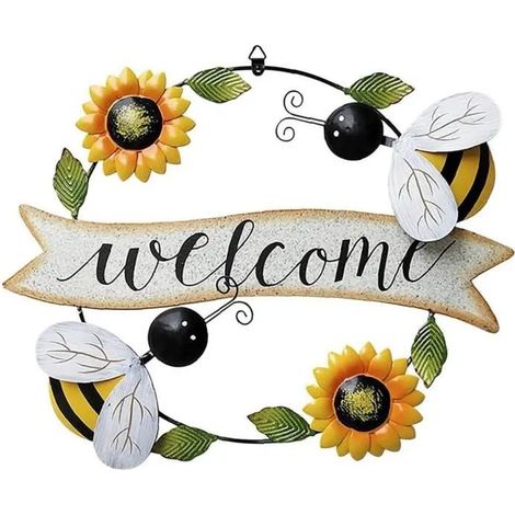 BIENVENUE Couronne Panneau de fer Retro Suspendu Sunflower Bee Art Art Decor pour la maison de jardin de bureau (1/3)