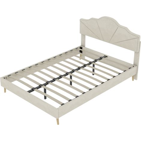 Cama canapé tapizada beige 160 x 200 cm estilo moderno minimalista sin colchón (1/5)