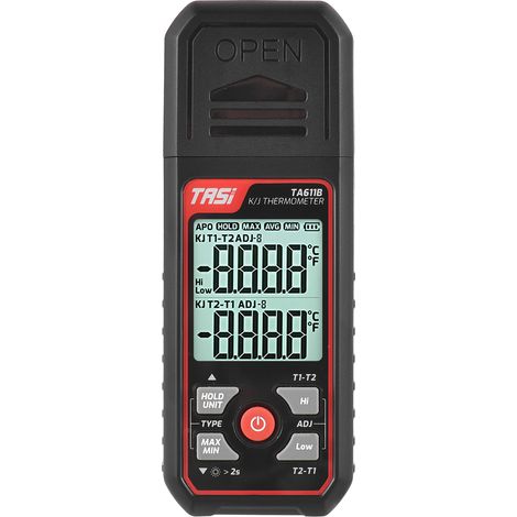 TASI TA611B Thermomètre à thermocouple K/J -2001372℃/-3282501℉ portable numérique LCD avec alarme haute et basse double canal et 2 sondes thermocouple type K