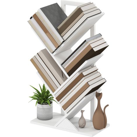 Bibliothèque en forme d'arbre à 5 étagères avec système anti-basculement, idéale pour le salon ou la chambre, 50 x 24 x 82 cm, blanche. (1/5)