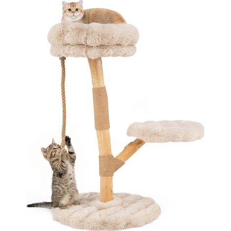 Arbre à Chat Bois de Poirier, 3 Plateformes, Poteaux à Griffer en Jute, Corde en Jute, Tissu, Tour pour Chaton à 3 Niveaux, 90 cm, Beige (1/5)