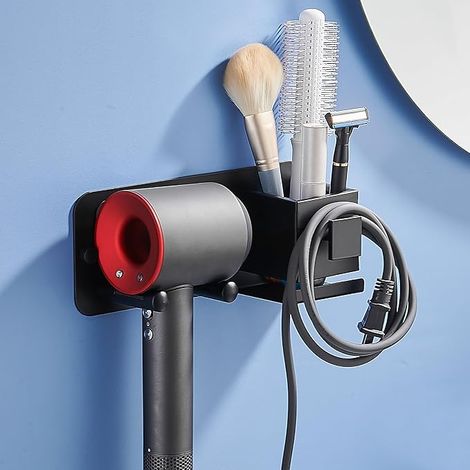 Support Seche Cheveux, Porte Sèche Cheveux Mural sans Percage Accroche avec Panier De Rangement et Range Câbles pour Salle de Bain, Hôtel de Chambre à Coucher (Noir)