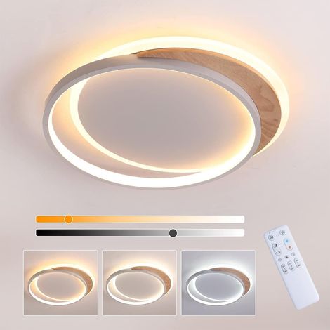 Plafonnier LED dimmable 3000K-6000K, 24W luminaire plafonnier salon Moderne plafonnier led bois Luminaire interieur avec Telecommande Lustre pour salon bureau cuisine couloir, blanc+bois 40cm (1/5)