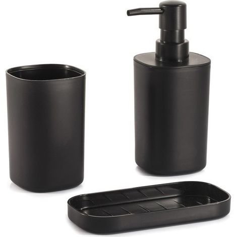 MSV – Ensemble 3 accessoires de salle de bain noir – Gobelet, distributeur de savon, porte-savon – Dimensions compactes pour rangement efficace
