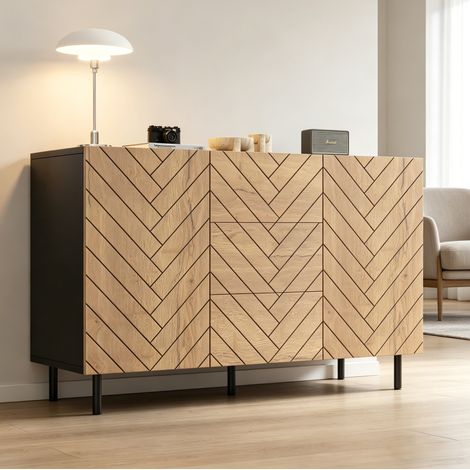 REDOM - Buffet 120x40x76 cm - 3 tiroirs et 2 placards - grand rangement - panneaux de particules - bois naturel et noir mat (1/5)