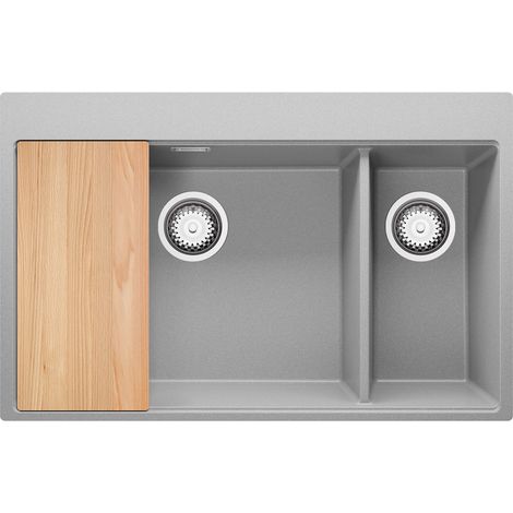 PRIMAGRAN Evier Cuisine en Granit 78x50cm, Lavabo 2 bacs + Kit de Vidage + Planche à Découper, Évier à Encastrer au meuble 80cm - Oslo Duo, Gris (1/5)