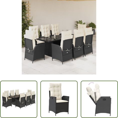 vidaXL Gartentisch - 9-tlg. Garten-Essgruppe mit Kissen Schwarz Poly Rattan (1/5)