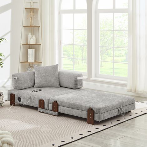 Canapé-lit convertible 2-en-1 2 places 130x cm gris clair en tissu avec ports USB et Type-C, rangement et coussin (1/5)