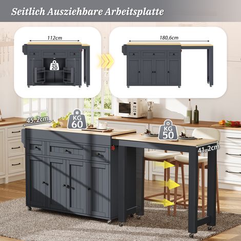 Îlot de cuisine mobile sur roulettes, table extensible avec étagère à épices et tiroirs, îlot central roulant autoportant, parfait pour cuisine et salle à manger (Gris) (1/5)