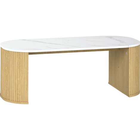 Table basse ovale en marbre blanc, table d’appoint à effet pierre, bords arrondis et pieds robustes, 110 x 50 x 40 cm (1/5)