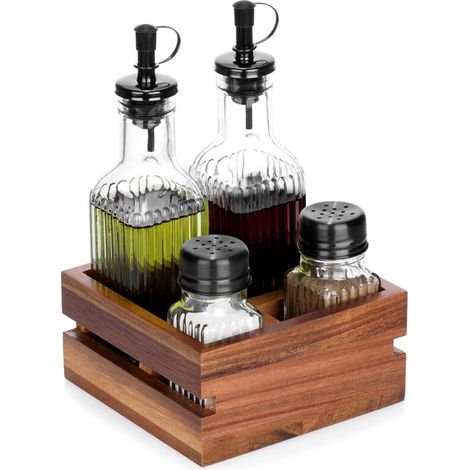 Ensemble d'assaisonnements de table, contenants pour sel, poivre, huile et vinaigre sur support