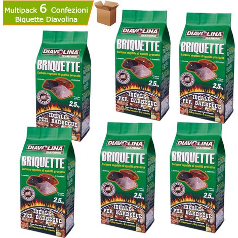 Multipack 6 sacchetti diavolina briquette carbone vegetale pressato 2,5 kg cadauno