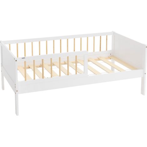 ML-Design Letto per Bambini e Bambine 70x140 cm Bianco-Naturale Lettino Singolo in Legno Massiccio con Rete a Doghe e Protezione Anticaduta Letto per Giovani in Legno di Pino