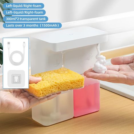 Distributeur de savon mousse automatique 600 ml, double tête, sans contact, rechargeable, à capteur à induction réglable sur 3 niveaux, pour cuisine et salle de bain. (1/5)