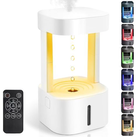 Mini humidificador ultrasónico de 580 ml con carga USB, diseño antigravedad en forma de gota de agua y efectos de luz LED.