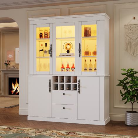 Vitrineen verre/meuble de salon - 130 x 37.5 x 170.5 cm - avec 2 tiroirs + 4 portes + Leds - verre + aggloméré - blanc (1/5)