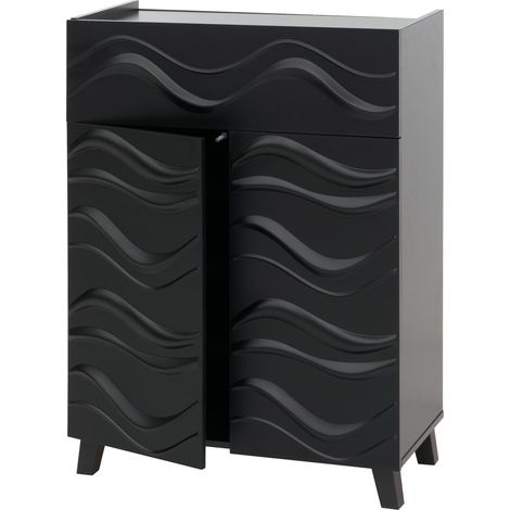 Commode buffet armoire de rangement design vague 3D portes push-to-open étagères et tiroir 107 x 76 x 36 cm bois d’hévéa noir 040009822 (1/5)